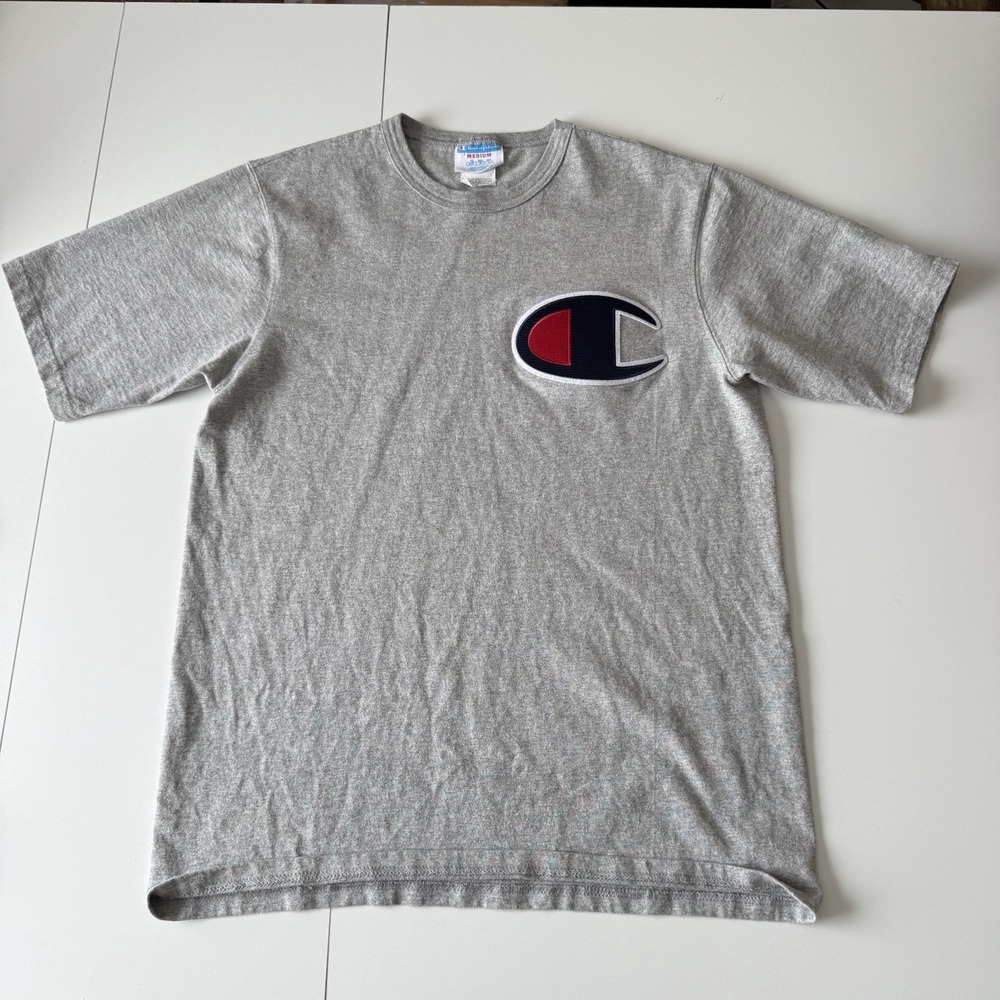Vintage Champion Men's Big C Patch Logo T Shirt Size‎ Medium Gray